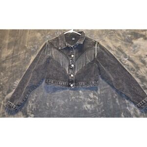Women's Dark Blue Denim Cropped Jacket With V Shaped Decorative Fringe, Size  XS